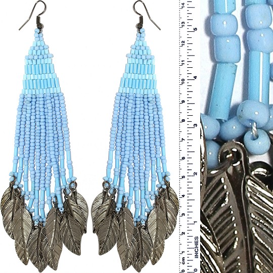 Indian Earrings Feather Bead Tube Turquoise Gray Tone Ger421