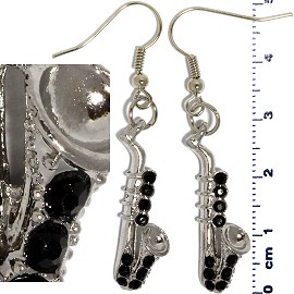 Rhinestone Earrings Saxophone Silver Black Ger435