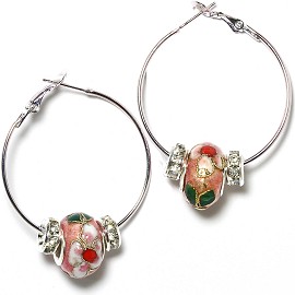 Earrings 34mm Wide Hoop Flower Cloisonné Bead Pink Ger443