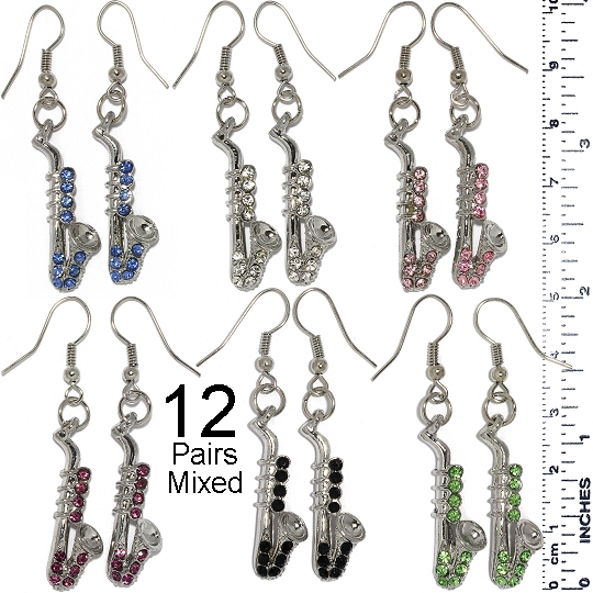 12 Pairs Saxophone Rhinestone Earrings Mix Random Colors Ger493