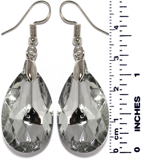Teardrop Oval Crystal Cut Earrings Silver Tone Clear Ger525
