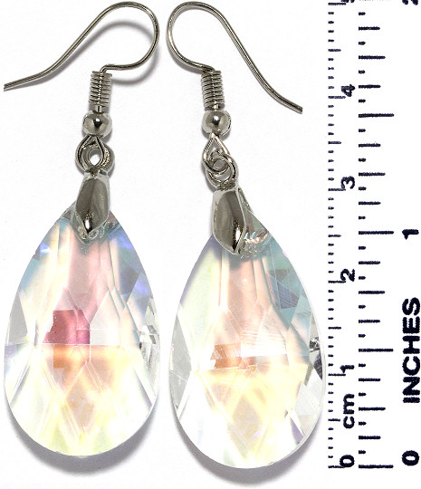 Teardrop Oval Crystal Cut Earrings Aurora Borealis Clear Ger527