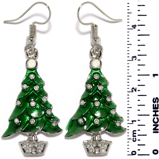 Christmas Tree Rhinestones Earrings Green Silver Tone Ger529