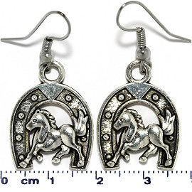 Lucky Horseshoe Wild Horse Earrings Silver Metallic Tone Ger532
