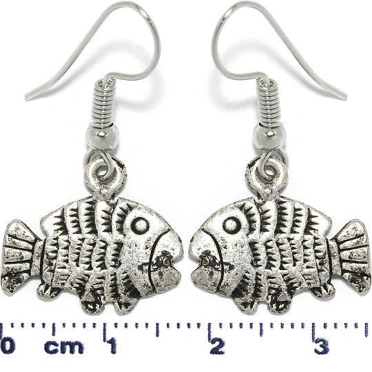 Fish Dangle Earrings Silver Metallic Black Tone Ger569