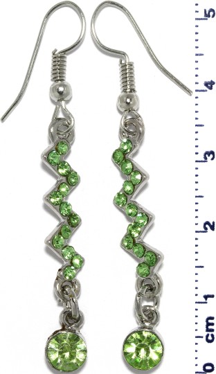 Zigzag Rhinestone Line Dangle Earrings Silver Tone Green Ger654