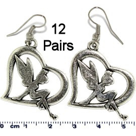 12 Pairs Girl Fairy Heart Love Earrings Silver Metallic Ger656
