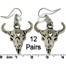 12 Pairs Cow Skull Head Horns Earrings Silver Metallic Ger670