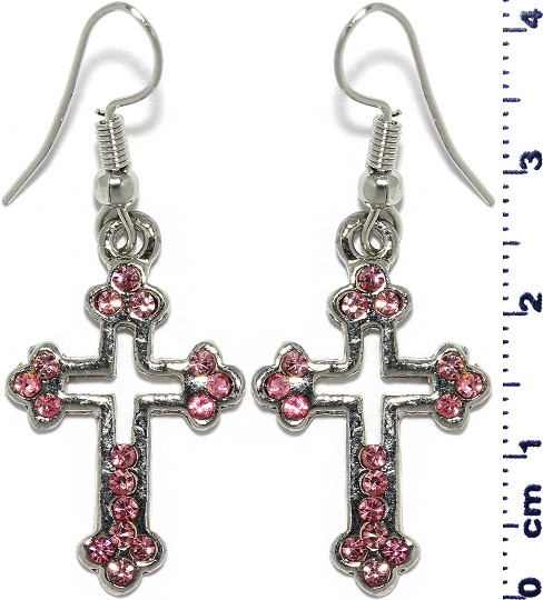 Religious Cross Rhinestone Earrings Silver Tone Pink Ger674