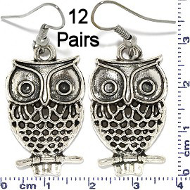 12 Pairs Big Head Owl Branch Earrings Silver Metallic Ger678