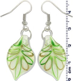Glass Earrings Leaf White Gold Green Ger695