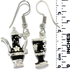Earrings Teapot Cup Metallic Silver Black Tone Ger701