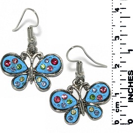Earrings Butterfly Rhinestones Meta Silver Turquoise Tone Ger724