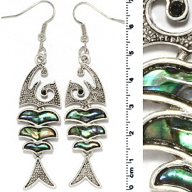 Abalone Earring Bone Fish Green Gray Silver Tone Ger815