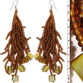 Dangle Earrings Beads Shells Silver Tone Brown Yellow Ger834