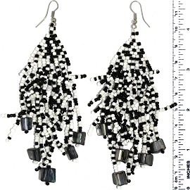 Dangle Earrings Beads Stones Black White Silver Tone Ger842
