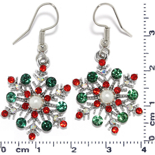 Christmas Snowflake Rhinestones Earrings Silver Green Red Ger929