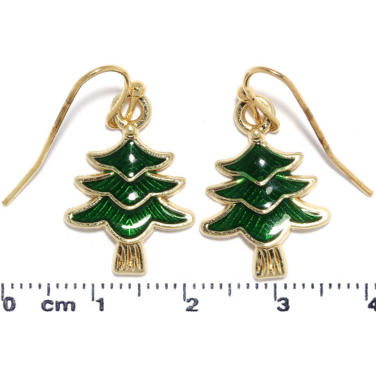 Christmas Tree Dangle Earrings Gold Tone Green Ger937