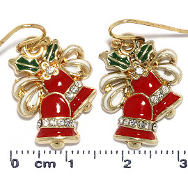 Christmas Bells Earrings Rhinestones Gold Tone Red Ger952