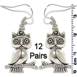 12 Pairs Owl on Tree Branch Earrings Silver Metallic Ger965