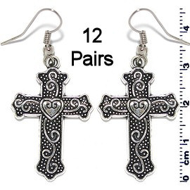 12 Pairs Religious Cross Heart Earrings Silver Metallic Ger970
