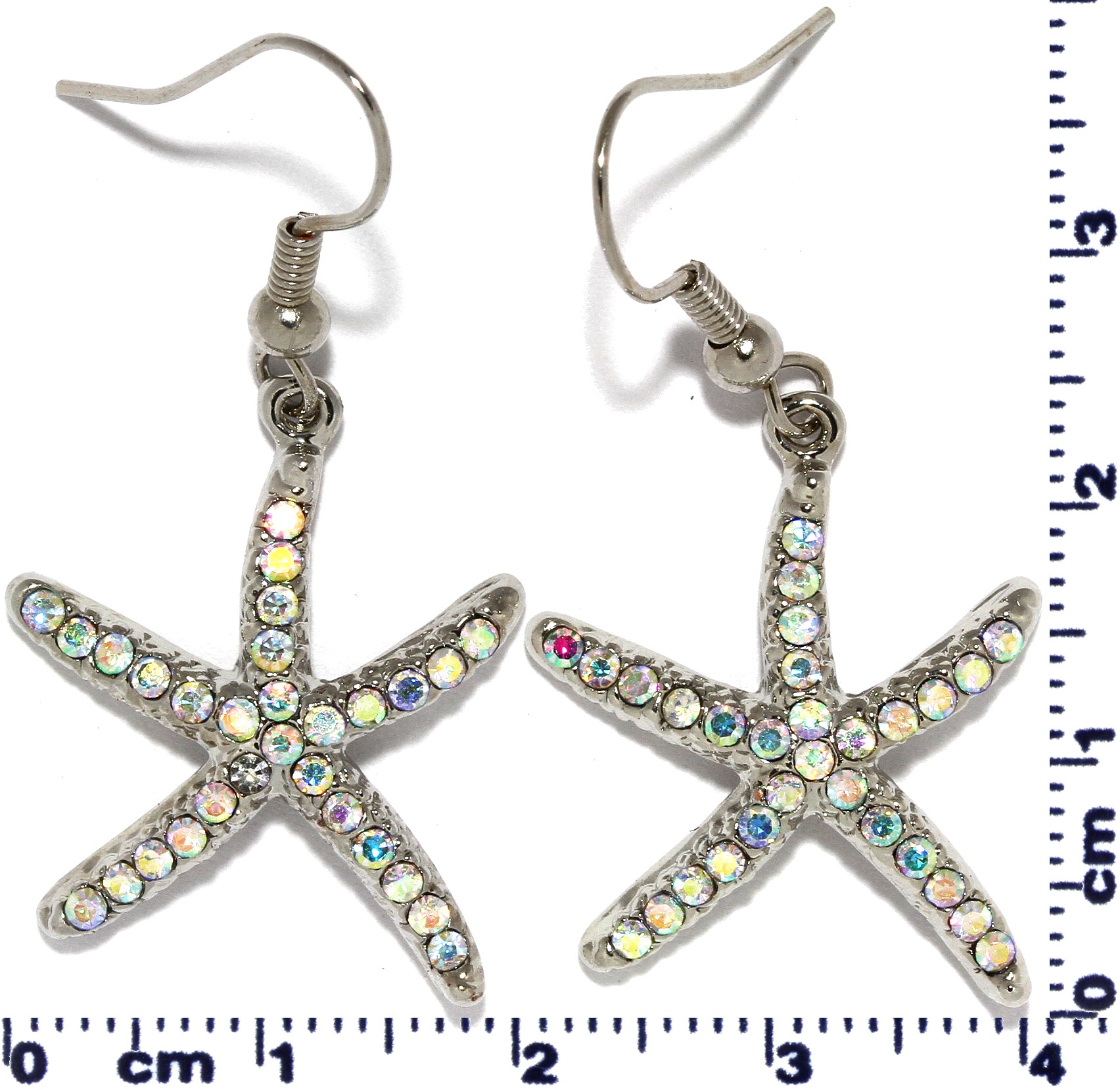 Rhinestone Earrings Starfish Silver Tone AB Multi Color Ger423