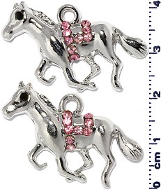 2pc Rhinestone Spacer Horse Silver Pink JF1472