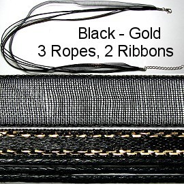 50pcs-pk 18" Cord 3Strings-2Ribbons Gold Lining Black NK263