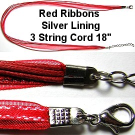 50pcs-pk 18" Cord 3Strings-2Ribbons Silver Lining Red NK342