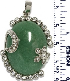 Oval Rhinestone Flower Silver Jade Green Quartz Pendant PD006