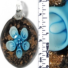 Glass Pendant Oval Flower Gold Black Turquoise PD067