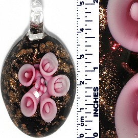 Glass Pendant Oval Flower Gold Black Pink PD069