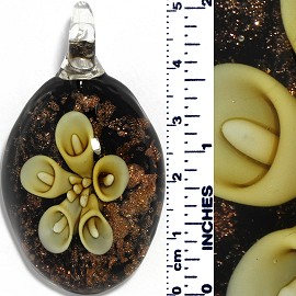 Glass Pendant Oval Flower Gold Black Yellow PD070