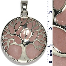 Circle Pendant Tree Of Life Stone Pink Silver Tone PD081