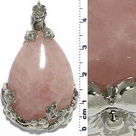 Quartz Stone Egg Tear Drop Flower Pendant Pink Silver Tone PD090