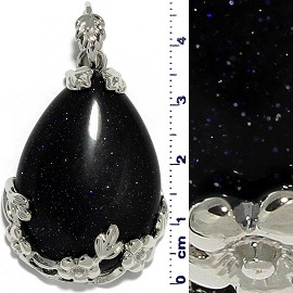 Quartz Stone Egg Tear Drop Flower Pendant Black Silve Tone PD093