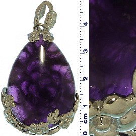 Quartz Stone Egg Tear Drop Flower Pendant Purple Silv Tone PD095
