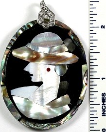 Abalone Pendant Thick Oval Lady Hat Looking Left PD1629