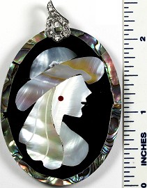Abalone Pendant Thick Oval Lady Hat Looking Right PD1630