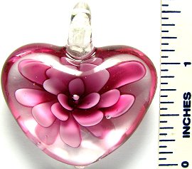 Pink Flower Clear Heart Glass Pendant PD1796