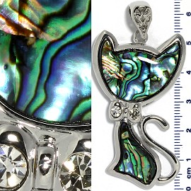 Abalone Pendant Cat Silver Green PD3831