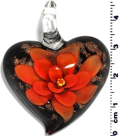 Glass Heart Orange Black Flower Pendant PD4010