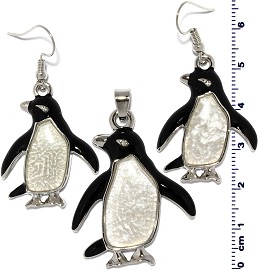 Pendant Earrings Set Penguin Shiny Black White Silver PD4013