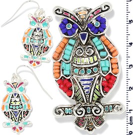 Set Earring Pendant Beads Silver Multi Color Owl PD4047