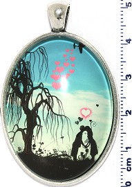 Oval Circle Pendant Couple Kiss Near Tree Turquoise Black PD4075
