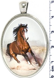 Oval Circle Pendant Horse Running Desert White Brown PD4077