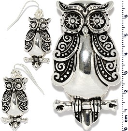Owl Pendant Earrings Set Black Silver Tone PD4081