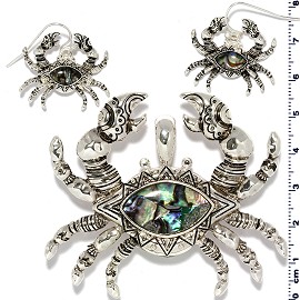 Crab Abalone Pendant Earrings Set Silver Green PD4086