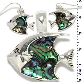 Fish Abalone Pendant Earrings Set Silver Green PD4087