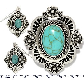Oval Rectangle Earth Stone Turquoise Pendant Earring Set PD4088